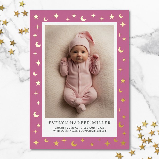 Carte à huile Lilac faire-part de naissance Moon & (moon and stars birth announcement card with gold foil)