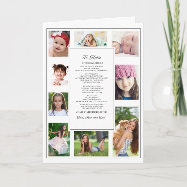Carte À la Fille Jour de Graduation Blanc Moderne 9 Phot (Devant)