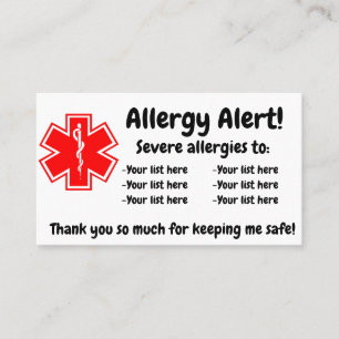 Carte à manger d'alerte d'allergie - En anglais et