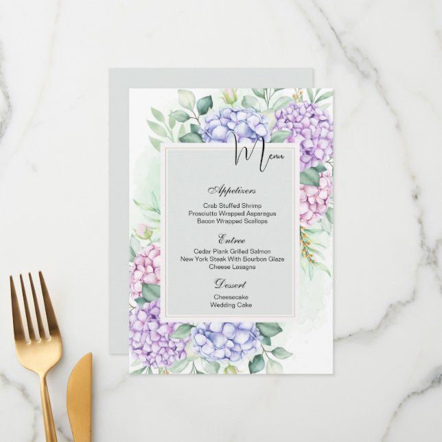 Carte à menu plat - Hydrangeas (Devant/Arrière en situation)