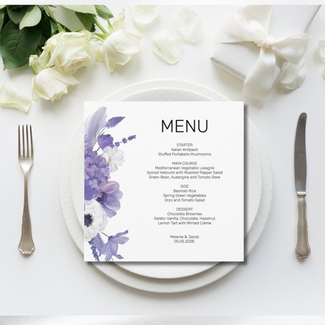 Carte à menu plat Mariage floral violet (Créateur téléchargé)