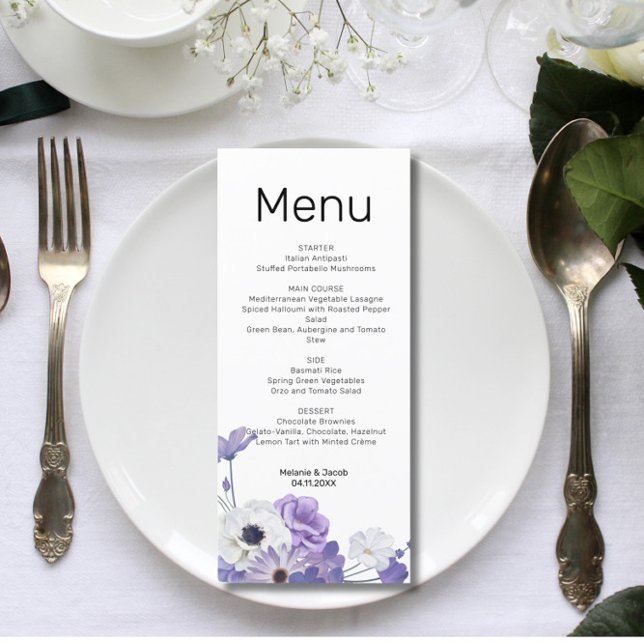 Carte à menu plat Mariage floral violet (Créateur téléchargé)