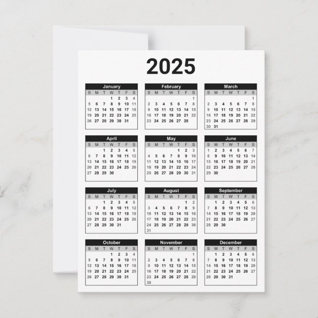 Carte à plat Calendrier annuel 2025 États-Unis noi (Devant)