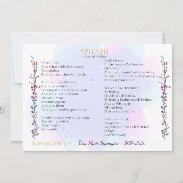 Carte à plat Epitaph Poem Watercolor Memorial (Devant)
