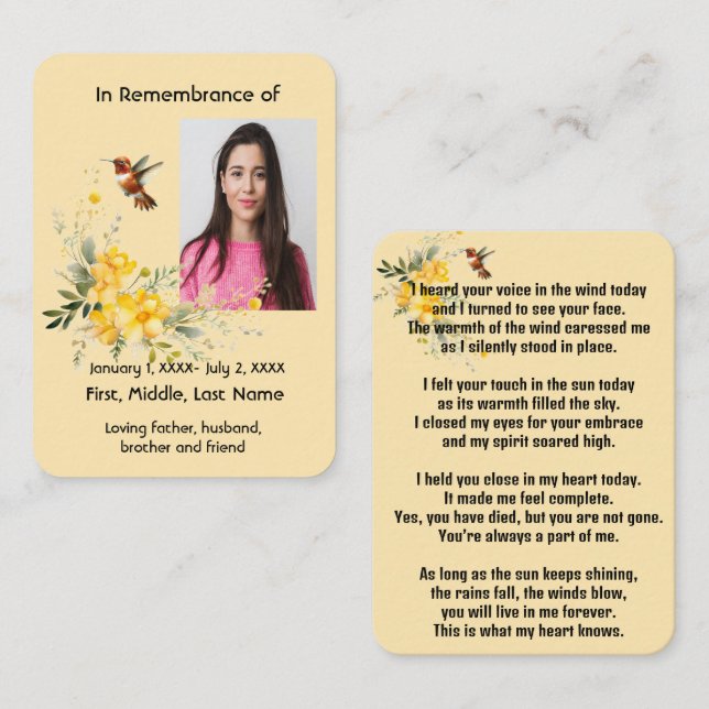 Carte à poche Memorial Colibri Roses Jaunes (Devant / Derrière)