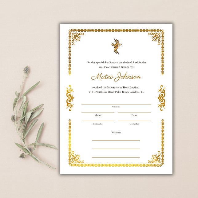 Carte Accents d'or Élégant certificat de baptême catholi (Gold Accents Elegant Catholic Baptism Certificate)