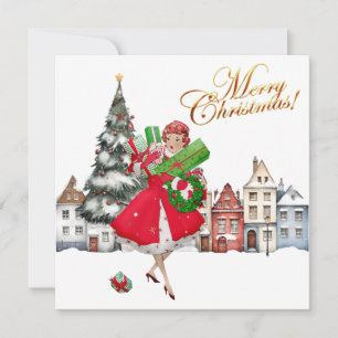 Carte Achats de cadeaux de Noël de la dame vintage 1950