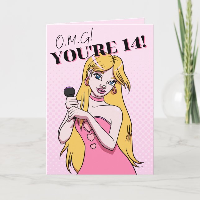 Carte Ado Girl Pink Cartoon Pop Music 14e anniversaire (Devant)