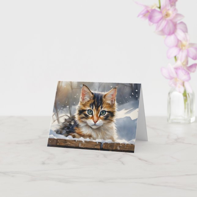 Carte Adorable Calico Cat dans la neige Blank Greeting (Orchidée)