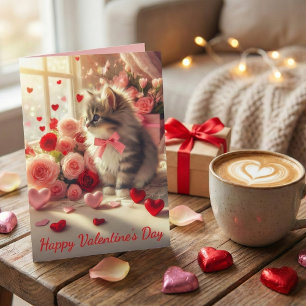 Carte Adorable chaton duveteux avec des roses Saint-Vale