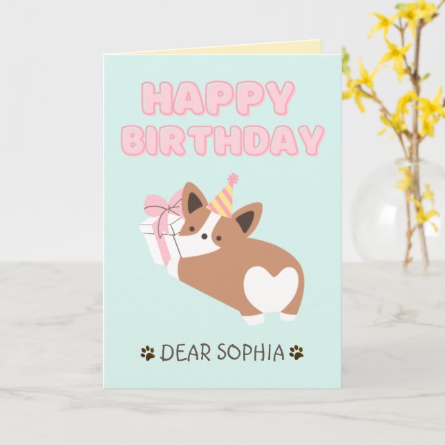 Carte Adorable Chiot dans un Casquette Joyeux Anniversai (Fleur jaune)