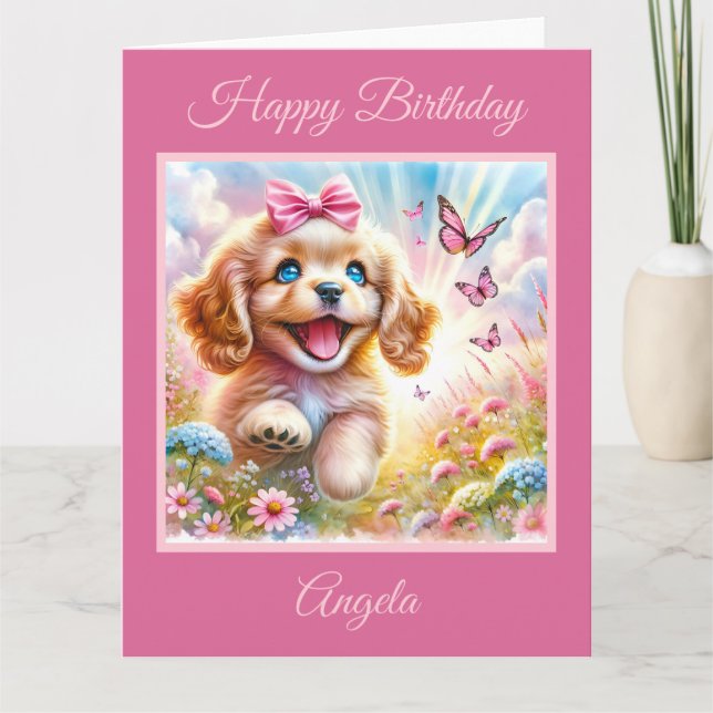 Carte Adorable Cocker Spaniel Chiot avec Papillons (Devant)