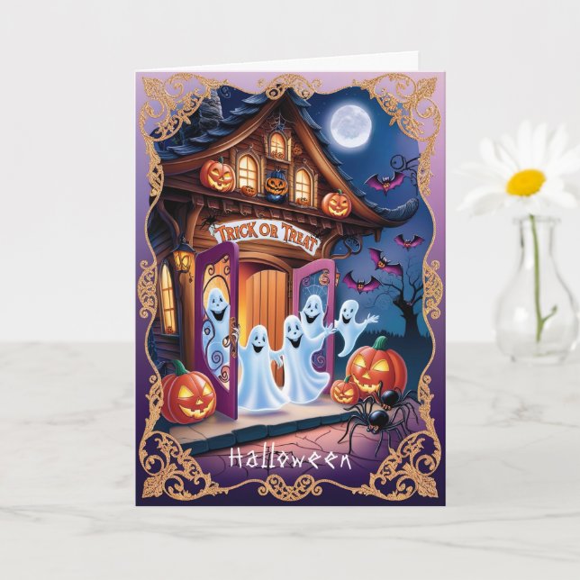 Carte Adorable Fantômes d'Halloween à la porte (Petite plante)