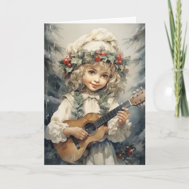 Carte Adorable fille avec un Noël de guitare (Devant)