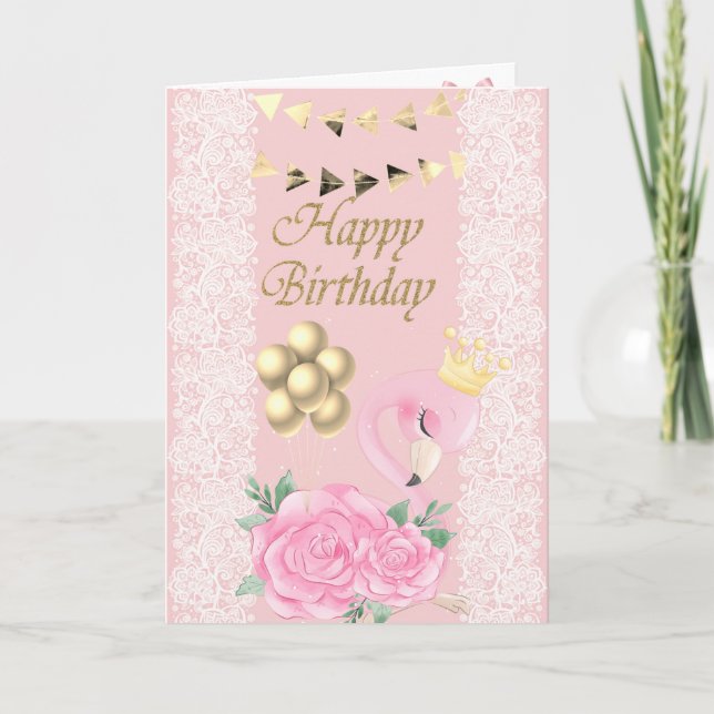 Carte Adorable Flamant rose rose, Tiara, Dentelle, Ballo (Devant)