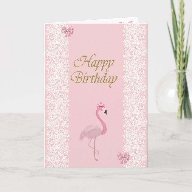 Carte Adorable Flamant rose rose, Tiara, Dentelle, Bow (Devant)