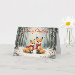 Carte Adorable Fox Christmas Snowy Woods and Red Scarf