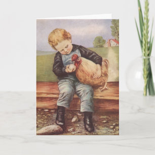 Carte Adorable Garçon Vintage et poulet