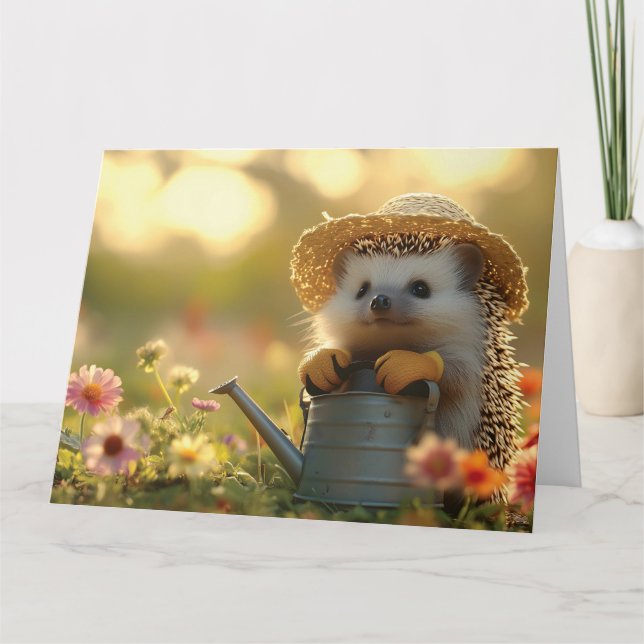 Carte Adorable jardinier de hérisson dans un champ de fl (Devant)