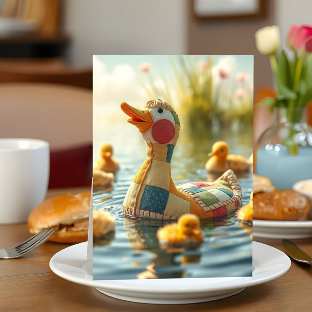Carte Adorable Jouet Jouet Canard Nouvelle maman Sweet F (Heartwarming Mother's Day card featuring a plushie mama duck paddling joyfully among real ducklings.)