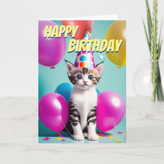 Carte Adorable Kitten Anniversaire Ballons Célébration (Devant)