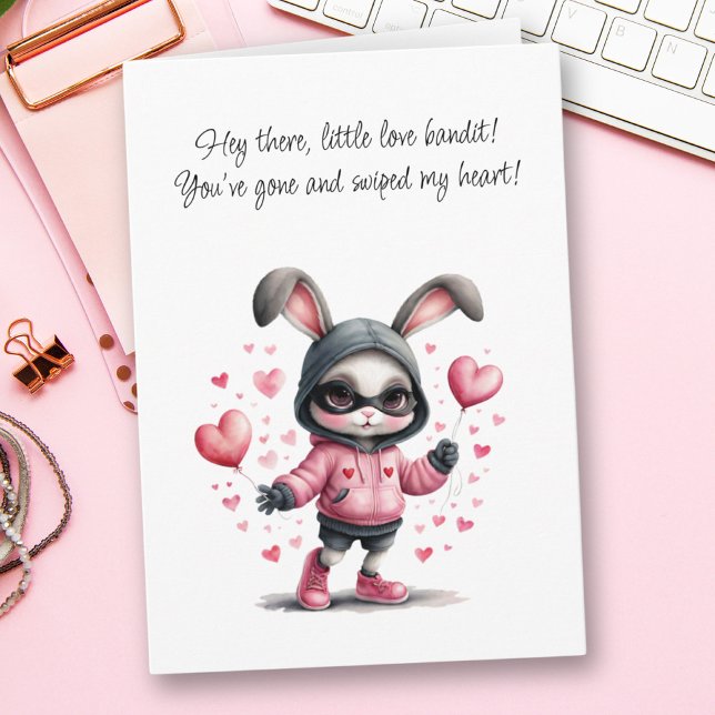 Carte Adorable Lapin Rose Voler Coeur Saint-Valentin (Adorable Pink Bunny Steals Heart Valentine's Day Card)