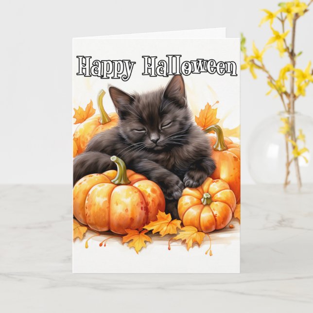 Carte Adorable Petit Chat Noir Napping | Halloween (Fleur jaune)