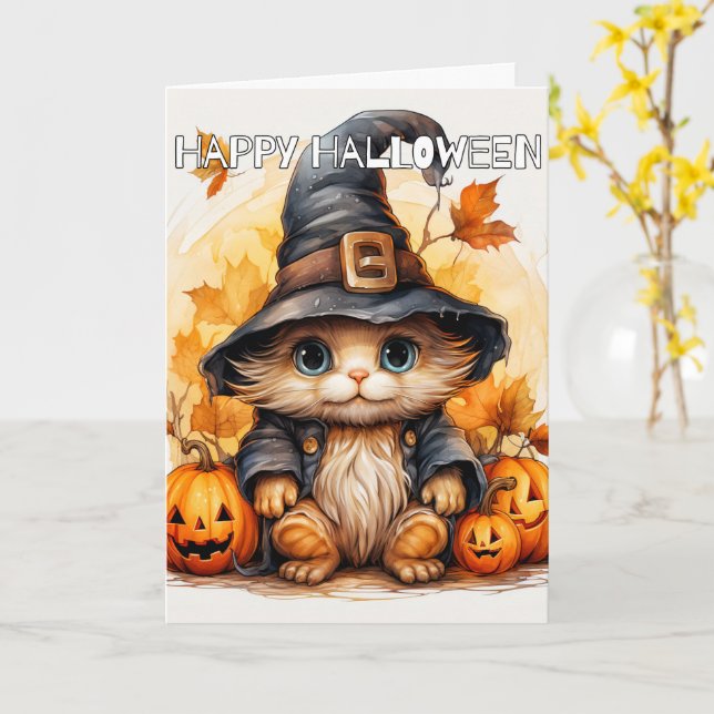 Carte Adorable Petit Kitten Chat Sorcière | Bonne Hallow (Fleur jaune)