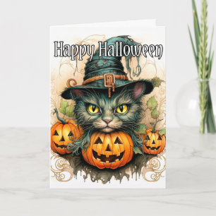 Carte Adorable Petit Kitty Chat Sorcière Bonne Hallowe