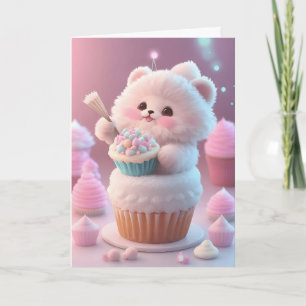 Carte Adorable White Kitten Casquette Party Cupcakes Bla