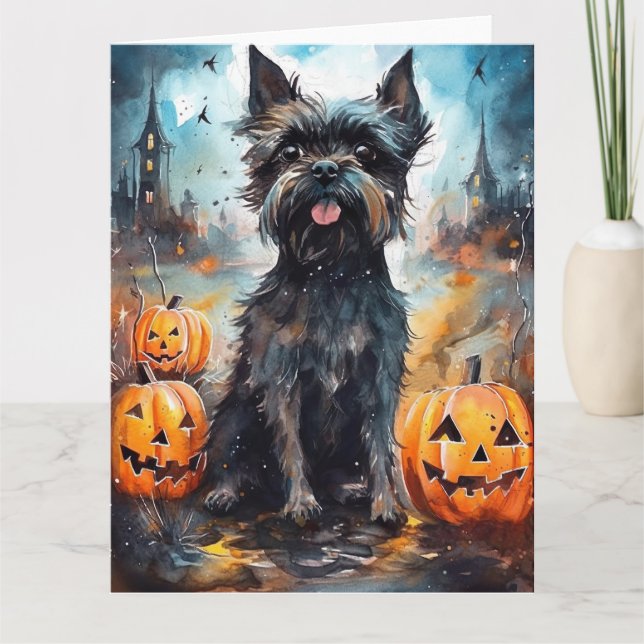 Carte Affenpinscher Halloween avec citrouilles effrayant (Devant)