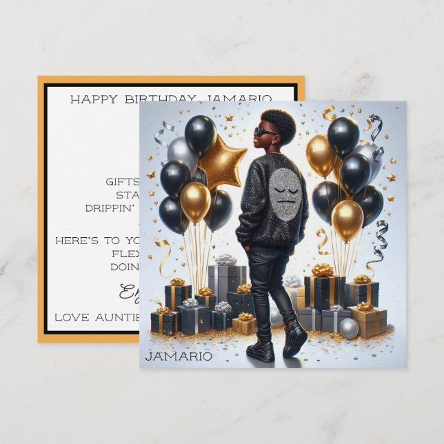 Carte African American Boy Black/Gold Anniversaire éléga (Devant / Derrière)