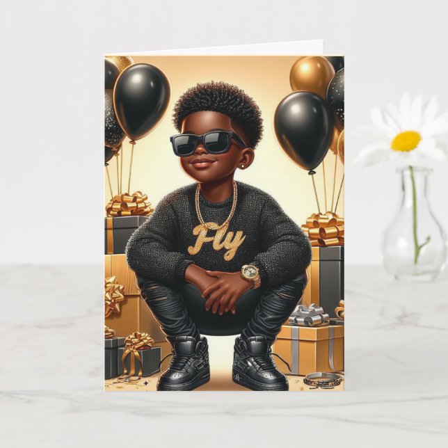 Carte African American Boy Black/Gold Anniversaire éléga (Petite plante)