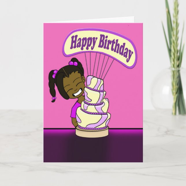 Carte African American Girl and Cake Birthday (Devant)