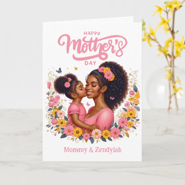 Carte African American Mom & Daughter Joyeuse fête des m (Fleur jaune)