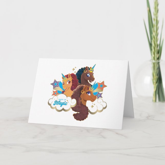 Carte Afro Unicorn "Fabriqué en magie" Trio Design (Devant)