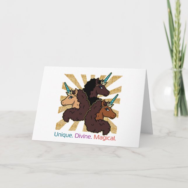Carte Afro Unicorn Trio : Unique, Divine et Magique (Devant)