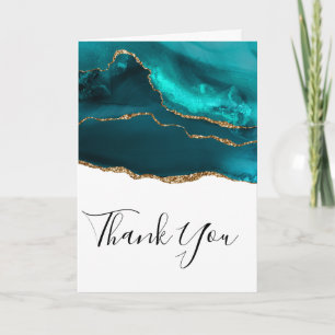 Carte Agate Turquoise et or moderne avec Merci blanc