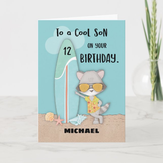 Carte Âge 12 Son Anniversaire Plage Amusante Cool Raccoo (Devant)