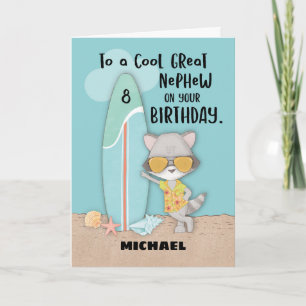 Carte Âge 8 Grand Nephew Anniversaire Plage Funny Raccoo