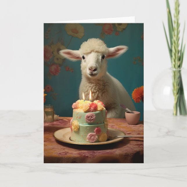 Carte Agneau / Mouton avec gâteau d'anniversaire (Devant)