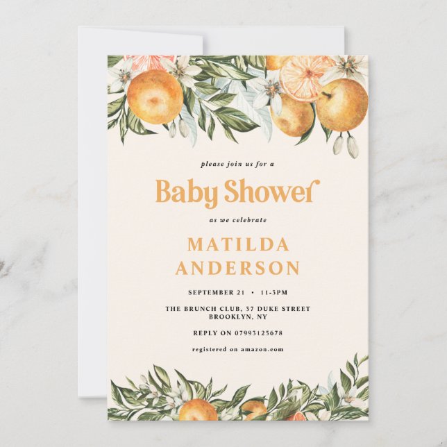 Carte Agrumes, oranger + baby shower en fleur (Devant)