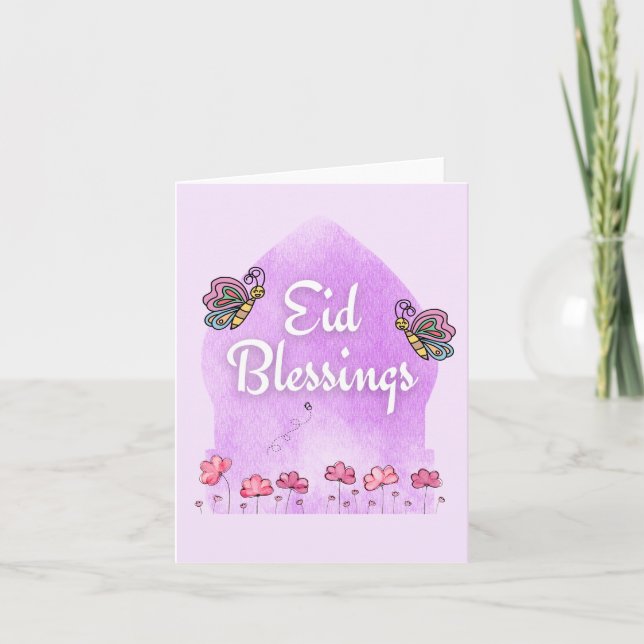 Carte Aïd Fitr Adha Blessing Papillons rose (Devant)