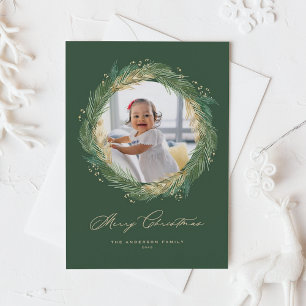 Carte Aiguilles de pin vert et or Wreath Photo de Noël