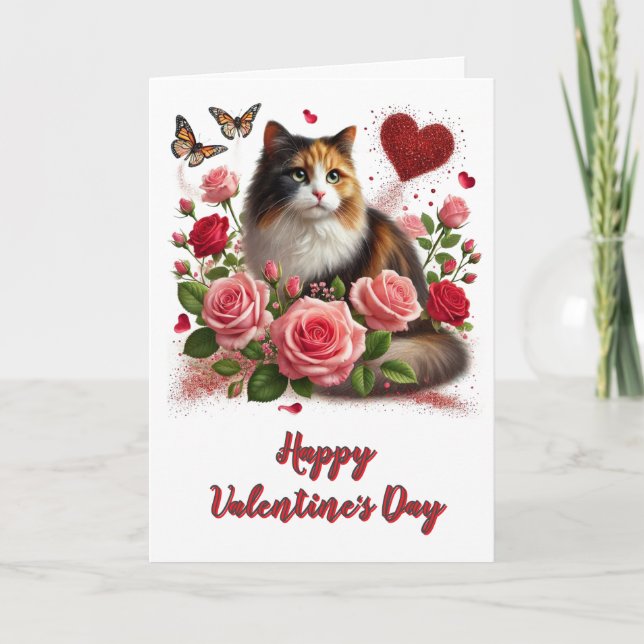 Carte Aimer Roses roses et Calico Chat Saint Valentin (Devant)