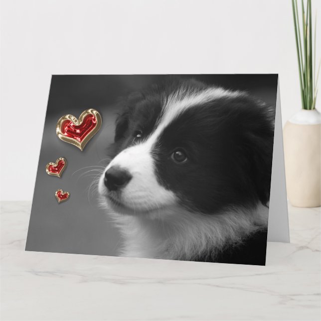 Carte Aimez-vous mignon Chiot Red Gold Hearts (Devant)
