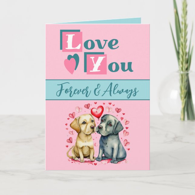 Carte Aimez-vous pour toujours mignon chiens rose vert V (Devant)