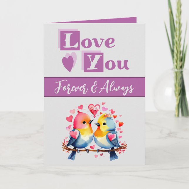 Carte Aimez-vous pour toujours mignon oiseaux violet Val (Devant)