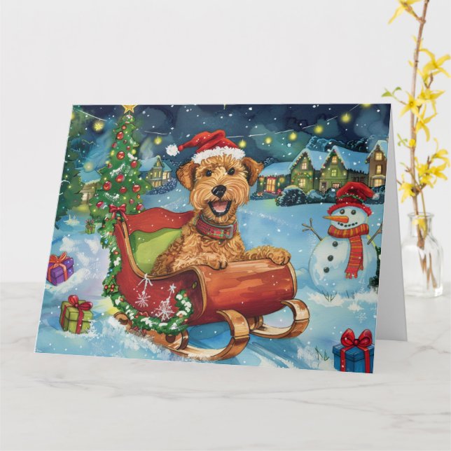 Carte Airedale à Sleigh Snow Noël (Fleur jaune)