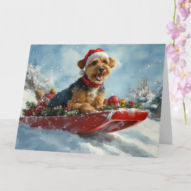 Carte Airedale Chien dans la boue Laisser neiger Noël (Orchidée)